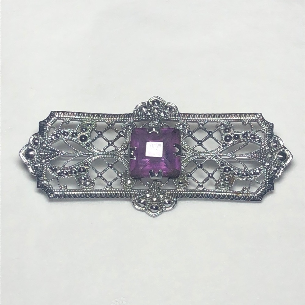Silver Filigree and Purple Stone Vintage Brooch